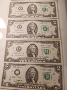 (5)  FIVE CONSECUTIVE 2013 2$ TWO DOLLAR BILLS "L " Uncirculated, Rare - Picture 1 of 4