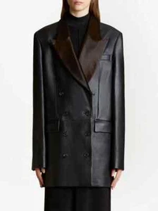 NWT Khaite Oversized Balton Black Leather Blazer Jacket With Brown Calf Hair S/M - Picture 1 of 5