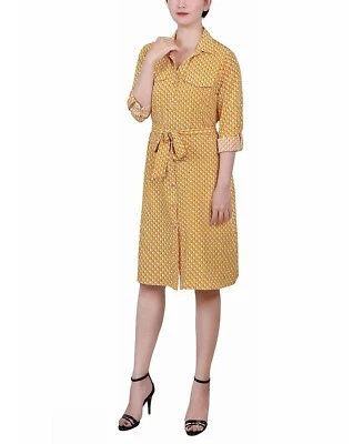 NyCollection Petite Printed Long Sleeve Roll Tab Shirtdress Gold-Tone Petite Med - Image 1 of 3