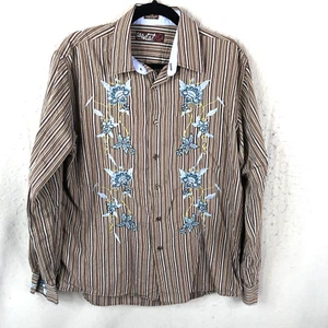 Coastal Shirt Mens Large Brown Blue Striped Embroidery Floral Western Art Casual - Picture 1 of 21