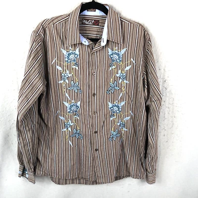 Coastal Shirt Mens Large Brown Blue Striped Embroidery Floral Western Art Casual - Image 1 of 4