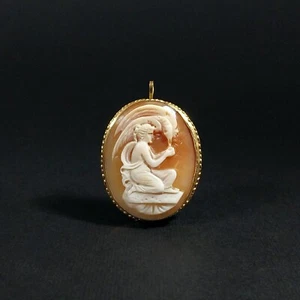 LEDA AND THE SWAN. Antique Brooch - Cameo in 18K Gold and Natural Shell. Italy - Picture 1 of 14
