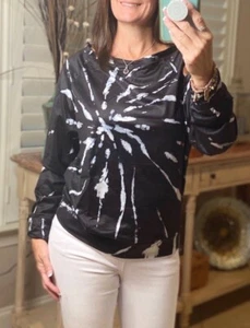 Tie Dye Spiral Off Shoulder Boat Neck Banded Bottom Sweatshirt Black - Picture 1 of 5