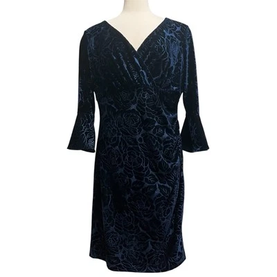 Anne Klein Floral Dress XL Velvet Navy AK Burnout Dark Gothic Evening - Image 1 of 4