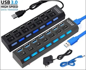 7 Port USB 3.0 Hub Splitter Adapter High Speed For PC Laptop Mac Desktop - Picture 1 of 13