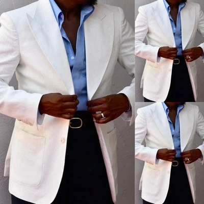 Белый льняной мужчин куртка широкий пик лацкан Summer Leisure пальто пляж свадьбы блейзер - Изображение 1 из 4