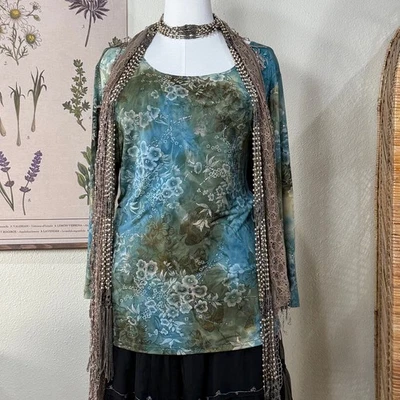 Vintage 90s Y2k Floral Glitter Watercolor Top Fairy Grunge Whimsy Whimsigoth 1X - Image 1 of 4