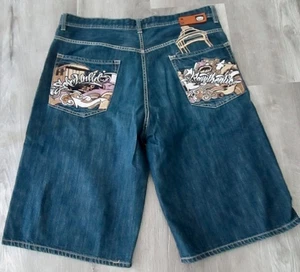 VTG EKO UNLTD BAGGY-FIT LONG DENIM JEANS SHORTS EMBROIDERED SZ 38 HIP-HOP SKATER - Picture 1 of 7