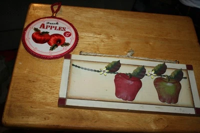 2 Apple Wall Plaques 1 Metal & Wood Art+ 1 Round Ceramic Sign with Red Rope Trim - Image 1 of 4