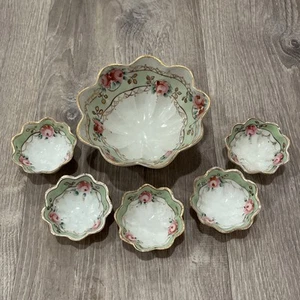 Antique NIPPON Footed Nut Berry Bowl Pink Rose Gold Hand Painted Floral Lot 6 - Picture 1 of 10