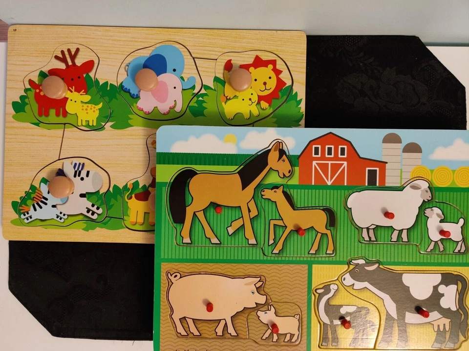 2 Puzzles Melissa & Doug Farm Wooden Peg Jigsaw 8 pcs/! unbranded Peg 8 Pcs. - Image 1 of 4