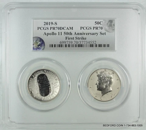 2pc PCGS PR70 DCAM 1ST STRIKE 2019-S APOLLO 11 HALF DOLLAR 50th ANNIVERSARY SET Cover