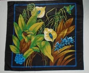 Vintage Nylon Scarf Cala Lilies Hummingbird Great Hornbill Bird 32"x36" - Picture 1 of 3