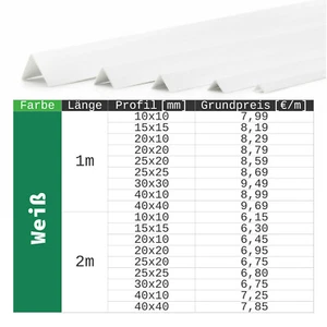 2m Winkel Leisten PVC Kunststoffwinkelprofil Winkelprofil gleichschenklig Weiß - Bild 1 von 1