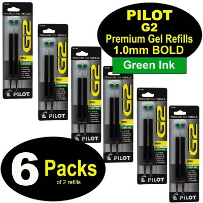 PILOT PEN Pilot 77361 G2 Refills, 1.0mm Bold Point, Green Gel Ink, 6 Packs of 2 Refills
