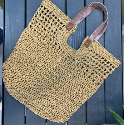 NEW Banana Republic paper straw woven tote bag in tobacco w/Leather handles - Image 1 of 4