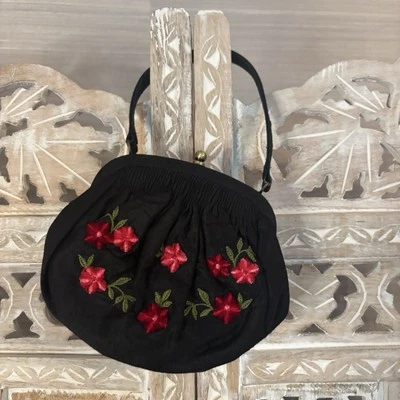 Bolso de Noche TALBOTS Seda Mini Negro Asa Superior con Tela Bordada Flores Foto 1 de 4