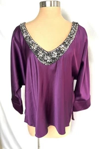 Blusa ST. JOHN Talla 16 Púrpura Seda Borde con Cuentas Manga Dolman Cuello Trasero Corbata 16 - Imagen 1 de 7