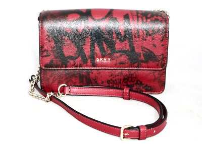 DKNY DONNA KARAN Grafitti Bag Red Black Small Flap Crossbody Vegan Leather - Image 1 of 4