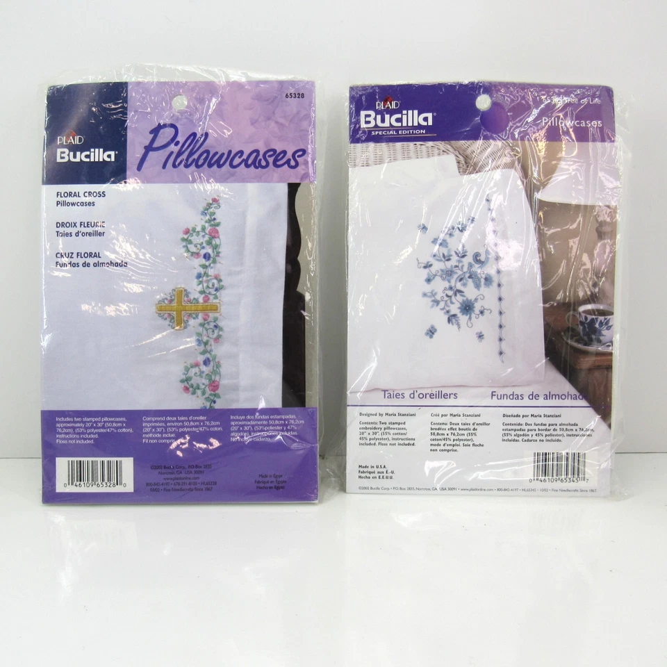 Plaid Brucilla Stamped Pillowcases (2) Set of 2 Tree of Life and Floral Cross - Image 1 of 4