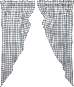 Blue & White Open Plaid Drawstring Prairie Curtains Lined Sawyer Mill Farmhouse - Picture 1 of 9