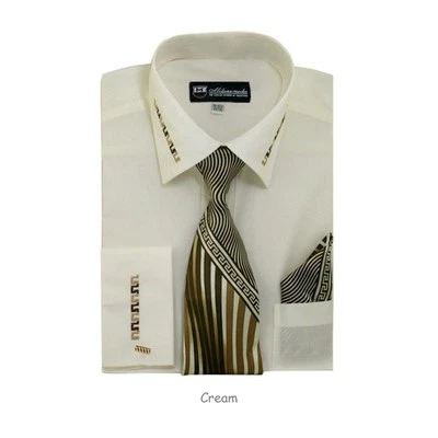 Men's Cotton Blend French Cuff Dress Shirt With Tie & Hanky Set #35 - Image 1 of 4