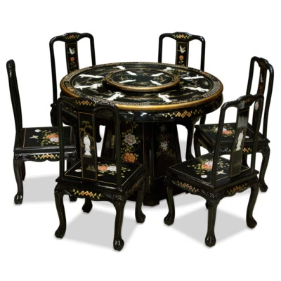 US Seller - Black Lacquer Mother of Pearl Round Oriental Dining Set 6 Chairs - Image 1 of 4