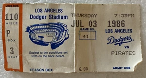Dodgers 1986 TICKET STUB MLB LA Los Angeles Dodgers vs Pirates July 03 Baseball - Picture 1 of 4