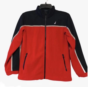 Nautica Fleece Jacket Kids Large 8-10 Logo Full-Zip Red Blue Reflective Stripe - Picture 1 of 4
