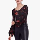 Free People Womens To The Tropics Floral Bishop Sleeves Black Knit Shirt Size  L