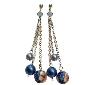 Orecchini Post Vintage Perline Cloisonné su 3 Catene Pendenti Blu con Smalto Rosa Blu - Foto 1 di 2