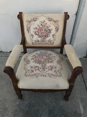 Antique Eastlake Style Victorian Parlor Arm Chair Ornate Wood Needlepoint Caster - Image 1 of 4