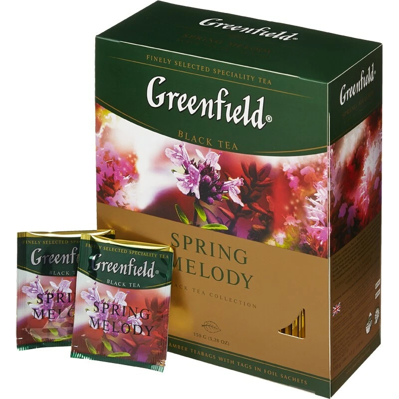 Greenfield SPRING MELODY Té Negro 100 Bolsas de Té Hechas en Rusia RF SIN GMO Foto 1 de 1