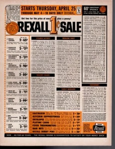 Anuncio impreso publicitario vintage salud REXALL farmacia venta de 1 centavo 25 de abril de 1963 - Imagen 1 de 1