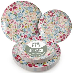 Floral Paper Plates 40 Pcs Fancy Disposable Plates For Party Set 20 Guests 20 X  - Picture 1 of 8