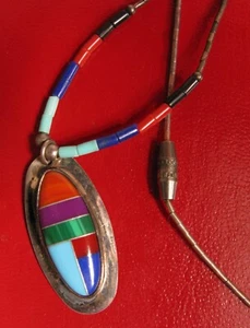 STUNNING VINTAGE NATIVE AMERICAN INLAID TURQUOISE CORAL STERLING SILVER PENDANT - Picture 1 of 2
