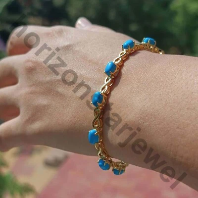 5ct Blue Sleeping Beauty Turquoise 18k Yellow Gold Plated Womens Tennis Bracelet - Image 1 of 4