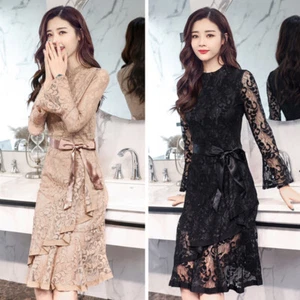 Femmes Dentelle Robe Long Évasé Manche Creusé Ceinture à Lacet Elegant - Picture 1 of 14