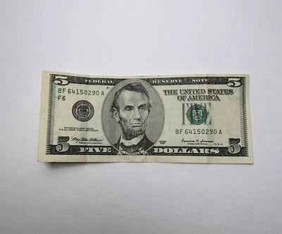 $5 Five Dollar Bill 1999 Offset Miscut Severely Off Center Error Circulated BFA - Image 1 of 4