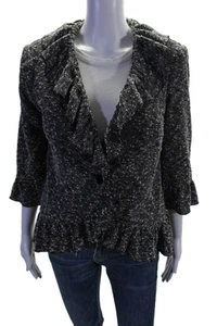 Cynthia Rowley Womens Ruffle Trim V-Neck Button Up Blazer Jacket Black Size M - Picture 1 of 6