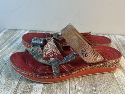 L'Artiste Caiman Slide Sandal Spring Step Red Multi Pint Wedge Woman's 38 - Image 1 of 4