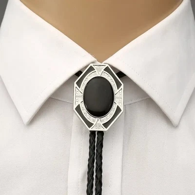 Натуральный черный агат Bolo галстук мужской свадебное ожерелье Western ковбой винтажный подарок - Изображение 1 из 2