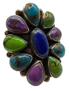 Vtg Flower Cabochon Sterling Native Blue-Green-Purple-Turquoise Ring S10•15.3g - Picture 1 of 21