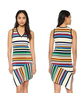 Milly Directional Pop Stripe Bodycon Mini Dress Sleeveless Knit Asymmetrical P - Picture 1 of 10
