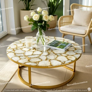"Handcrafted White Agate Coffee Table Top | Gemstone Slab | Modern Decor" - Picture 1 of 10