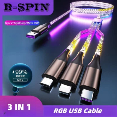 3 in 1 RGB 66W 6A Fast Charging Type C Cable Micro USB Colorful Streamer Glowing - image 1 of 4
