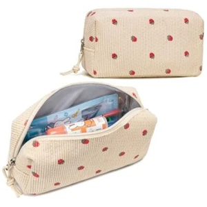  Pencil Case Student Pencil Pouch Makeup Bag Corduroy Corduroy Strawberry Beige - Picture 1 of 7