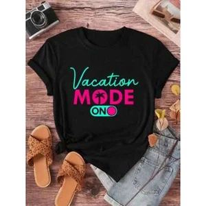 Ladies' Palm Tree Vacation Mode Printed Short Sleeve T-shirt, Casual Top - Picture 1 of 12