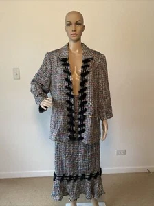 Carissimo Multi Color Woven Skirt Jacket Suit Real Fur Trim Beaded Accents 18 - Picture 1 of 12