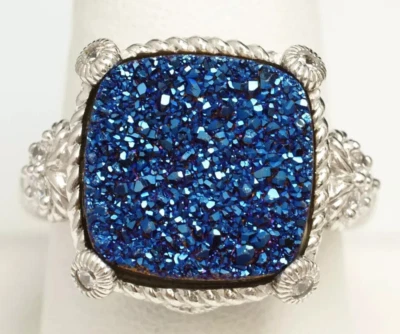 Anillo "NUEVO" JUDITH RIPKA plata esterlina/circonita cúbica y piedra de cuarzo azul druzy talla 6 #944 Foto 1 de 4